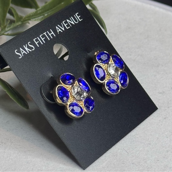 Saks Fifth Ave Gold Tone Blue Crystal Flower Post Earrings - Picture 3 of 8